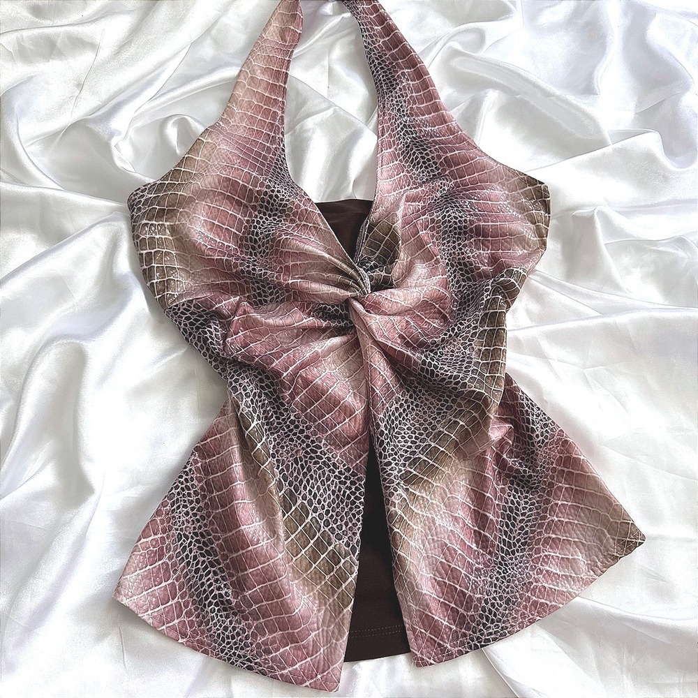 Body Central Brown Mauve Snakeskin Print Twist Front Halter Top NWT